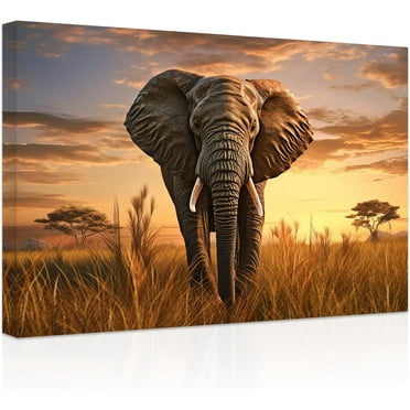 ZHONGYUTONG Forest Elephant Canvas Wall Art African Wild Animal Painting Prints Natural Sunset Landscape Pictures Office Wall Decor Framed (12.00" x 18.00")