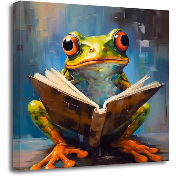 ZHONGYUTONG Frog Wall Art Cute Frog Reading Book Poster Prints Abstract Colorful Animal Canvas Picture Funny Artwork for Nursery Kids Room Classroom Decor (12.00" x 12.00")