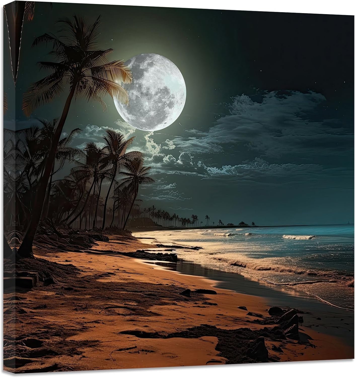 ZHONGYUTONG Full Moon Canvas Wall Art Night Beach Palm Tree Painting ...