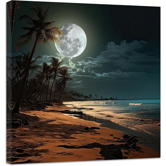 ZHONGYUTONG Full Moon Canvas Wall Art Night Beach Palm Tree Painting Prints Natural Seascape Modern Artwork for Living Room Home Decor Framed (24.00" x 24.00")