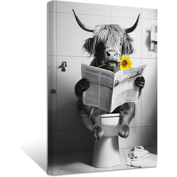 ZHONGYUTONG Funny Animal Bathroom Wall Decor Highland Cow with Sunflowers Sitting on Toilet Reading Newspaper Poster Prints Black and White Animals Canvas Artwork (12.00" x 18.00")