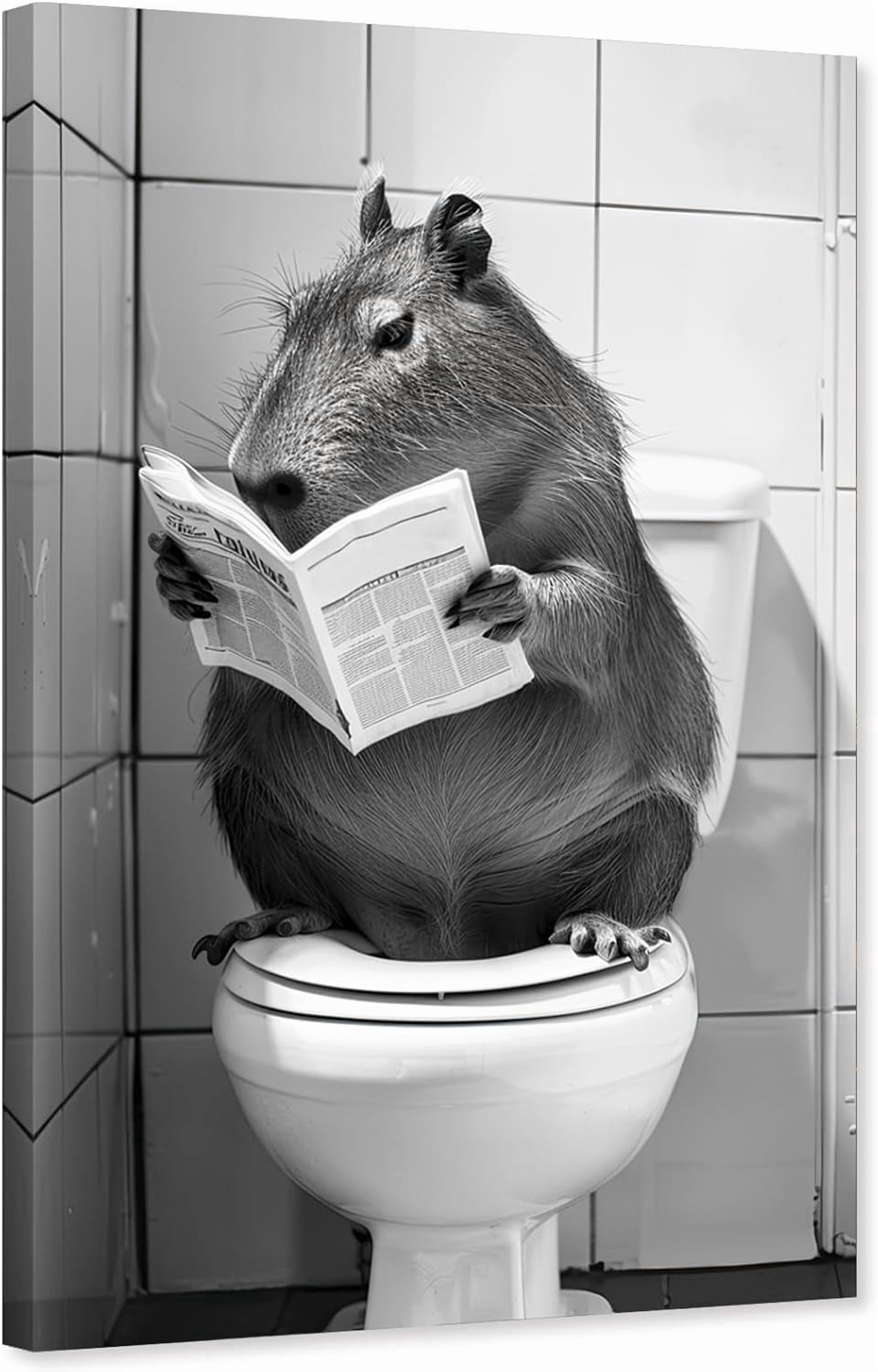 ZHONGYUTONG Funny Animal Canvas Wall Art Bathroom Pictures Wall Decor Black and White Capybara Painting for Toilet Decor Framed (12.00" x 18.00")