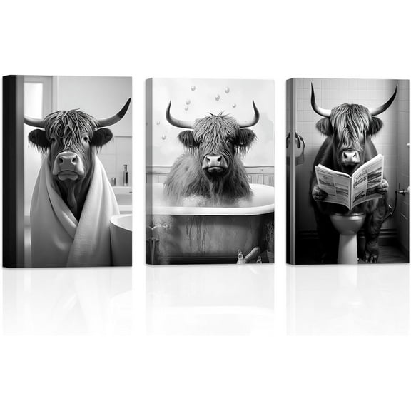 ZHONGYUTONG Funny Bathroom Animal Wall Art 3 Pieces Cute Highland Cow Reading Newspaper on Toilet Poster Black White Canvas Prints for Rustic Restroom Framed (11.00" x 14.00" x 3PCS)