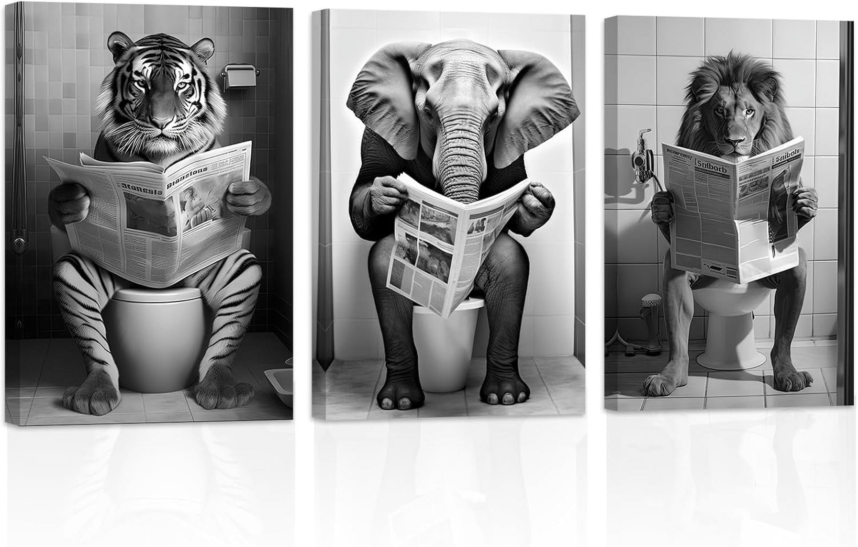 ZHONGYUTONG Funny Bathroom Animal Wall Art 3 Pieces Cute Tiger Elephant ...