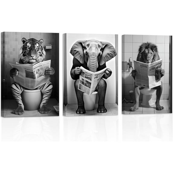 ZHONGYUTONG Funny Bathroom Animal Wall Art 3 Pieces Cute Tiger Elephant Lion Reading Newspaper on Toilet Poster Black White Canvas Prints for Rustic Restroom Framed (11.00" x 14.00" x 3PCS)