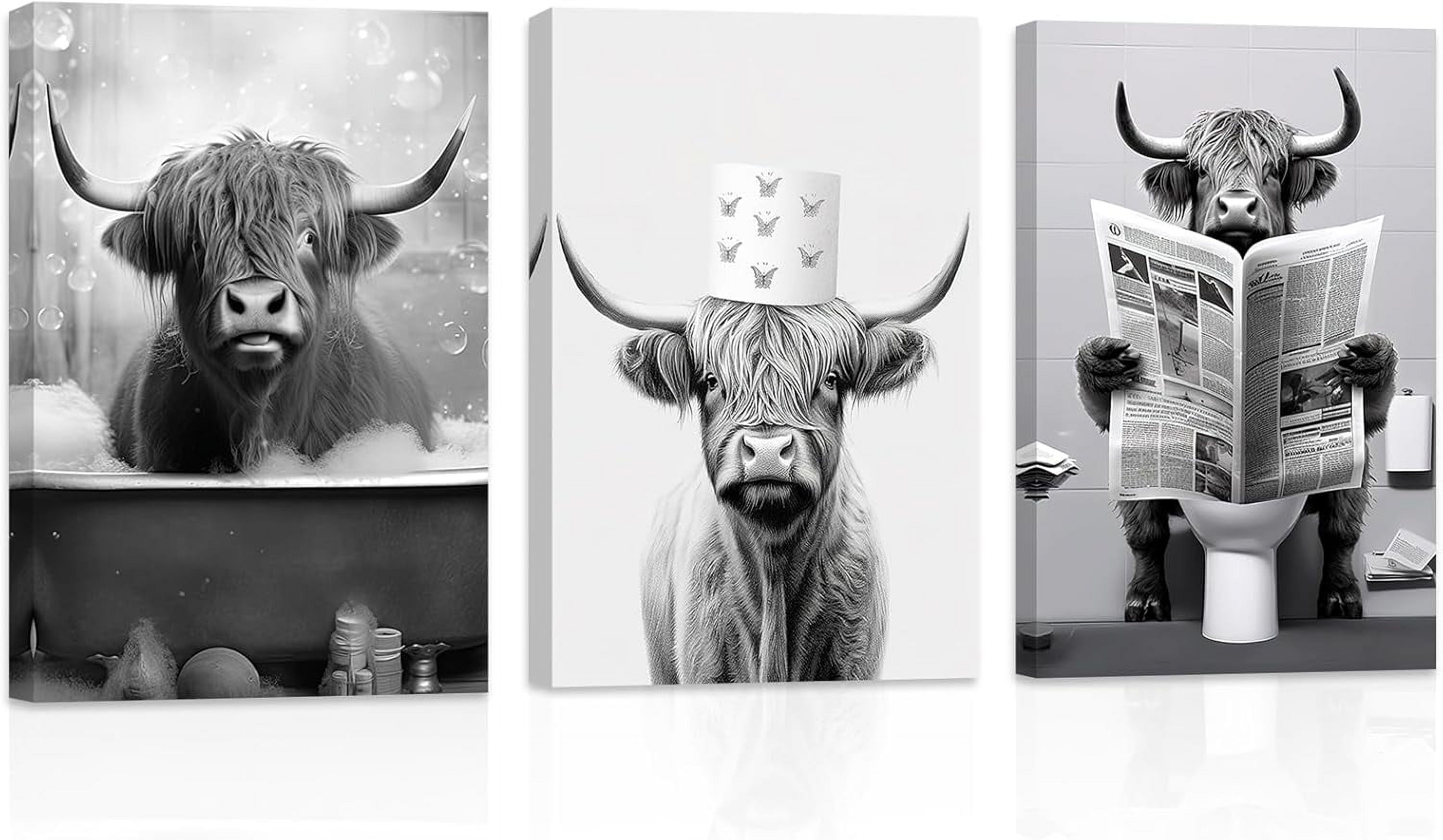 Funny Highland Cow Black and White Canvas Bathroom Wall Art Set