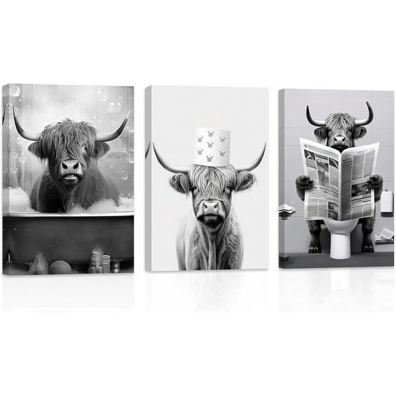 ZHONGYUTONG Funny Bathroom Animal Wall Art 3 Pieces Cute Highland Cow in Toilet Bathtub Poster Canvas Prints Black and White Artwork Bathroom Decor (16.00" x 24.00" x 3PCS)