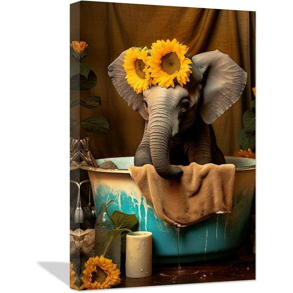 ZHONGYUTONG Funny Bathroom Animal Wall Art Cute Elephant in Bathtub with Sunflower Poster Canvas Prints Toilet Artwork Bathroom Decor (12.00" x 18.00")