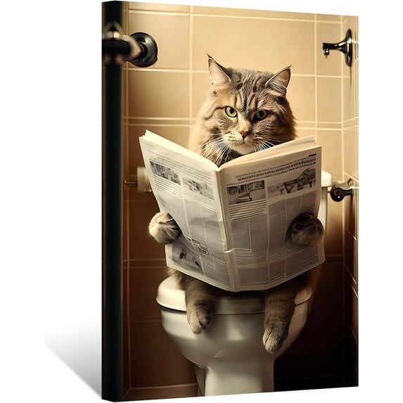 ZHONGYUTONG Funny Bathroom Wall Art Cat Reading Newspaper on Toilet Poster Prints Cute Animal Canvas Picture for Toilet Restroom Wall Decor Framed (12.00" x 18.00")