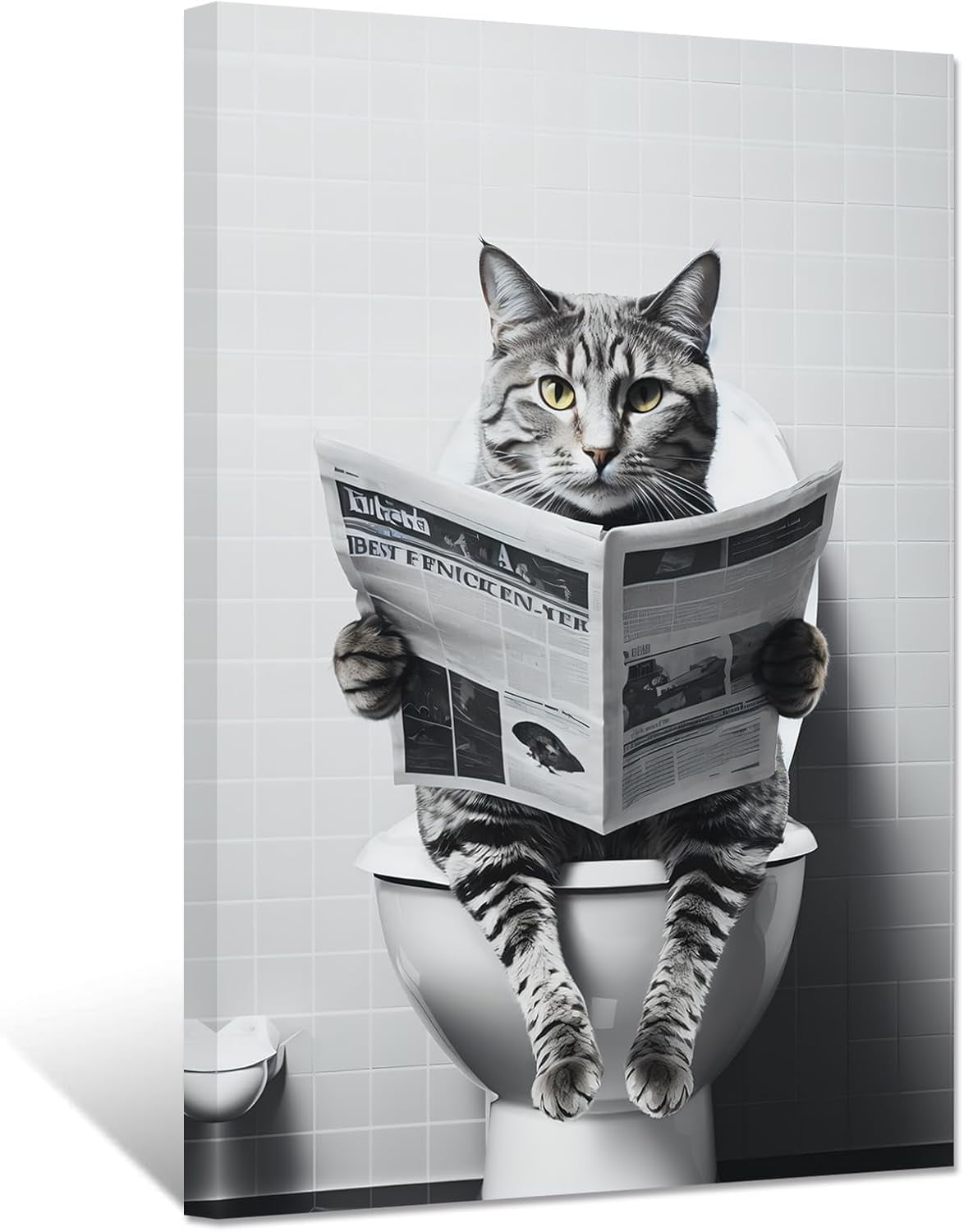ZHONGYUTONG Funny Bathroom Wall Art Cute Cat Reading Newspaper on ...