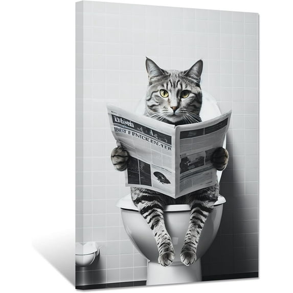 ZHONGYUTONG Funny Bathroom Wall Art Cute Cat Reading Newspaper on Toilet Poster Black White Animal Canvas Prints for Rustic Farmhouse Restroom Framed (20.00" x 30.00")