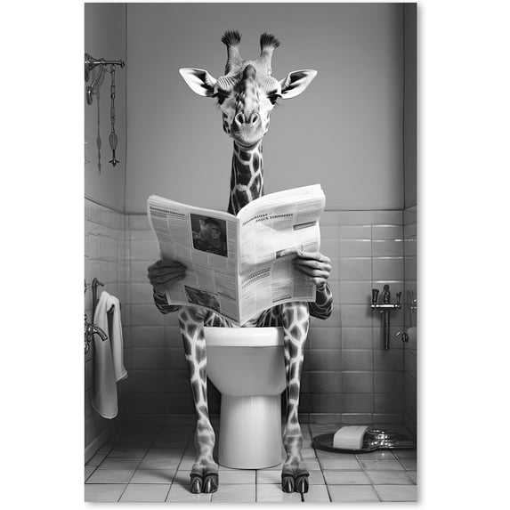 ZHONGYUTONG Funny Bathroom Wall Art Cute Giraffe Reading Newspaper on Toilet Poster Black White Animal Canvas Prints for Rustic Restroom Framed (12.00" x 18.00")