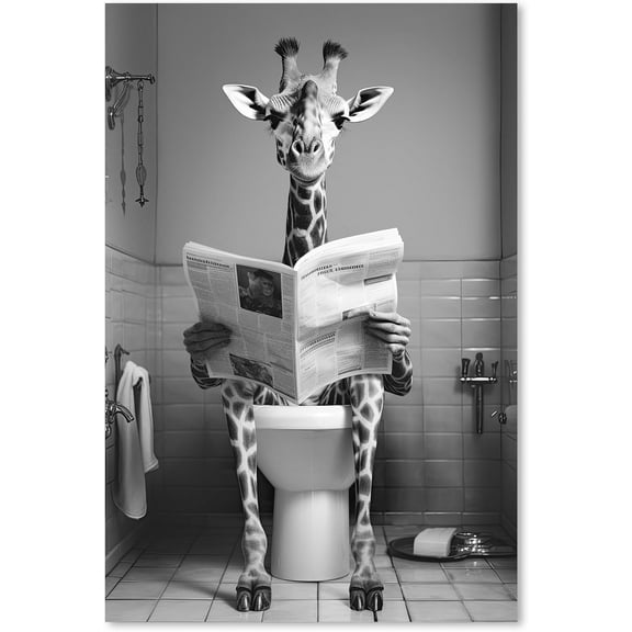 ZHONGYUTONG Funny Bathroom Wall Art Cute Giraffe Reading Newspaper on Toilet Poster Black White Animal Canvas Prints for Rustic Restroom Framed (12.00" x 18.00")