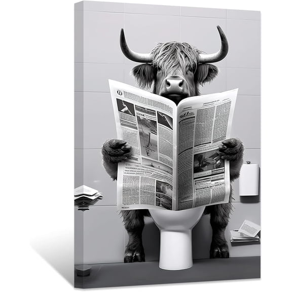 ZHONGYUTONG Funny Bathroom Wall Art Cute Highland Cow Reading Newspaper on Toilet Poster Black White Animal Canvas Prints for Rustic Restroom Framed (12.00" x 18.00")