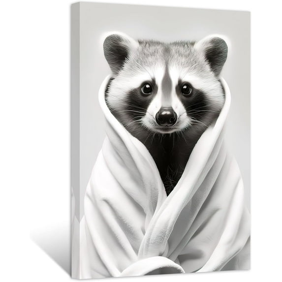ZHONGYUTONG Funny Bathroom Wall Art Cute Raccoon Wearing Bathrobe Poster Black White Animal Canvas Prints for Rustic Toilet Restroom Framed (12.00" x 18.00")