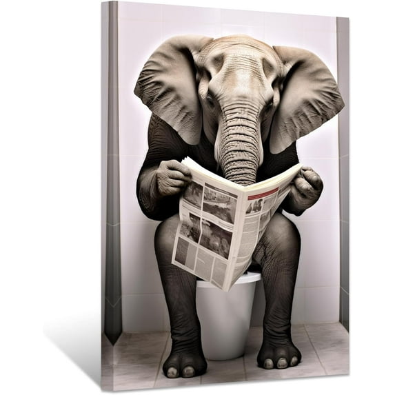 ZHONGYUTONG Funny Bathroom Wall Art Elephant Reading Newspaper on Toilet Poster Prints Cute Animal Canvas Picture for Toilet Restroom Wall Decor Framed (16.00" x 24.00")