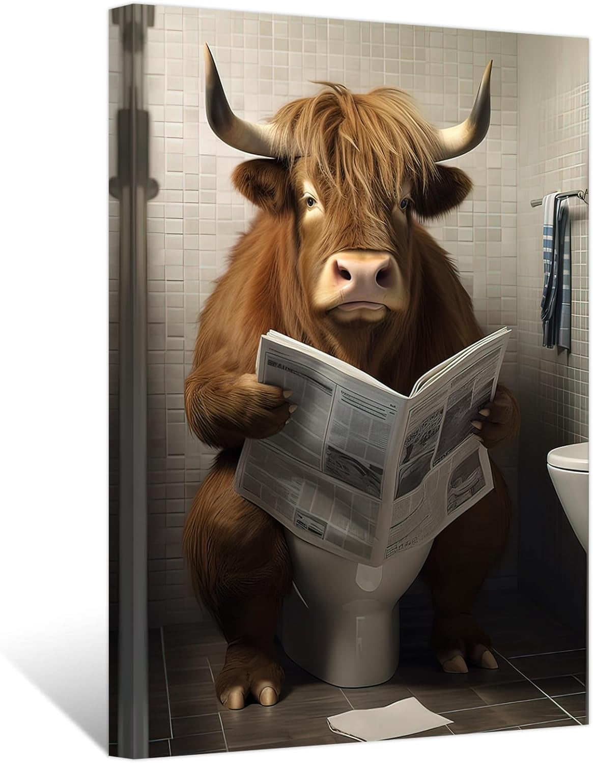 Funny Highland Cow Reading Newspaper Canvas Print for Kids