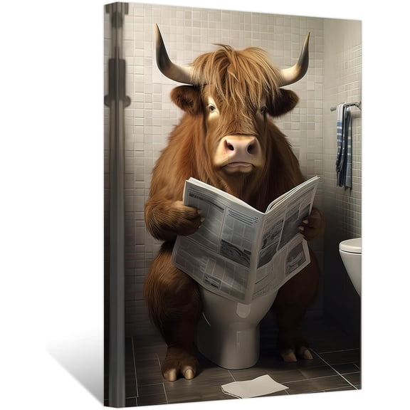 ZHONGYUTONG Funny Bathroom Wall Art Highland Cow Reading Newspaper on Toilet Poster Prints Cute Animal Canvas Picture for Toilet Restroom Wall Decor Framed (12.00" x 18.00")