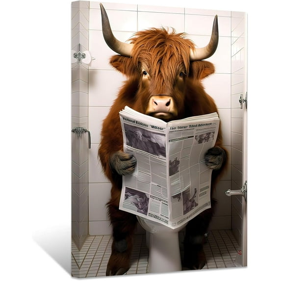 ZHONGYUTONG Funny Bathroom Wall Art Highland Cow Reading Newspaper on Toilet Poster Prints Cute Animal Canvas Picture for Toilet Restroom Wall Decor Framed (28.00" x 42.00")