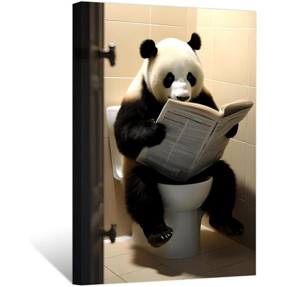 ZHONGYUTONG Funny Bathroom Wall Art Panda Reading Newspaper on Toilet Poster Prints Cute Animal Canvas Picture for Toilet Restroom Wall Decor Framed (16.00" x 24.00")