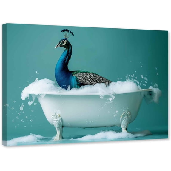 ZHONGYUTONG Funny Bathroom Wall Art Peacock in Bathtub Pictures Cute Animals Canvas Painting for Toilet Decor Framed (12.00" x 18.00")