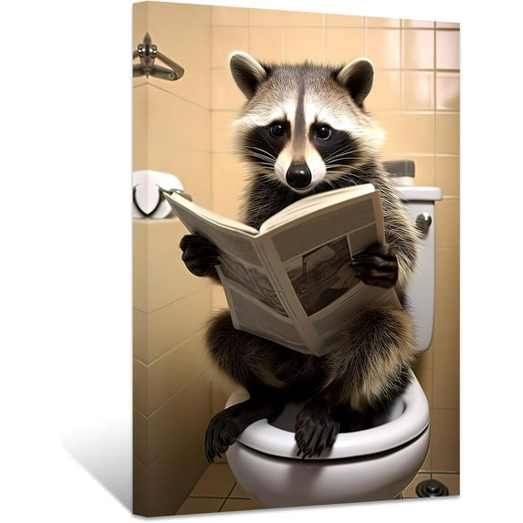 ZHONGYUTONG Funny Bathroom Wall Art Raccoon Reading Newspaper on Toilet Poster Prints Cute Animal Canvas Picture for Toilet Restroom Wall Decor Framed (20.00" x 30.00")