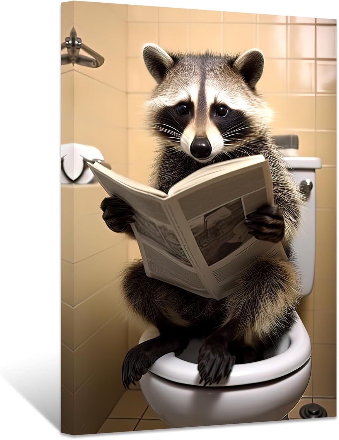 ZHONGYUTONG Funny Bathroom Wall Art Raccoon Reading Newspaper on Toilet ...