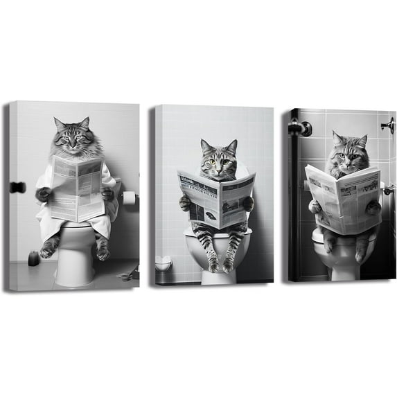ZHONGYUTONG Funny Bathroom Wall Decor 3 Pieces Kitten Cat Sitting on Toilet Reading Newspaper Poster Prints Black White Animal in Toilet Canvas Artwork (20.00" x 28.00" x 3PCS)