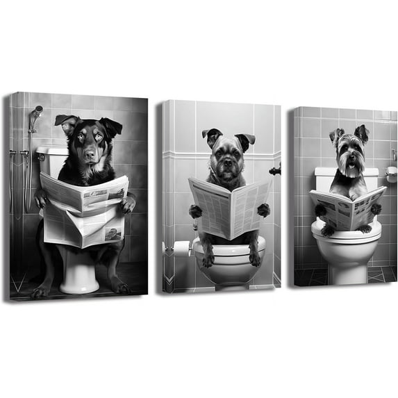 ZHONGYUTONG Funny Bathroom Wall Decor 3 Pieces Puppy Dog Sitting on Toilet Reading Newspaper Poster Prints Black White Animal in Toilet Canvas Artwork (24.00" x 36.00" x 3PCS)