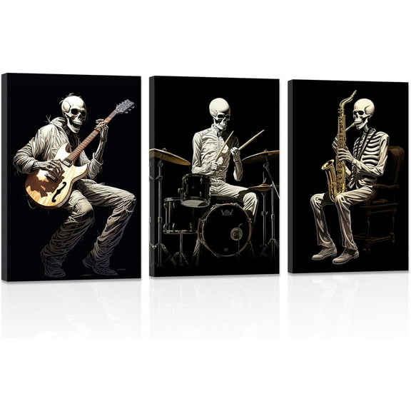 ZHONGYUTONG Funny Canvas Wall Art 3 Pieces Skeleton with Musical Instrument Poster Prints Abstract Skull Paintings Gothic Halloween Wall Decor (11.00" x 14.00" x 3PCS)
