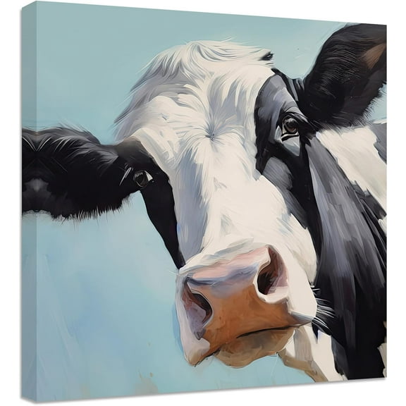 ZHONGYUTONG Funny Cow Canvas Wall Art Cute Cow Face Picture Animal Paintings Prints Rustic Farmhouse Wall Decor Framed (12.00" x 12.00")