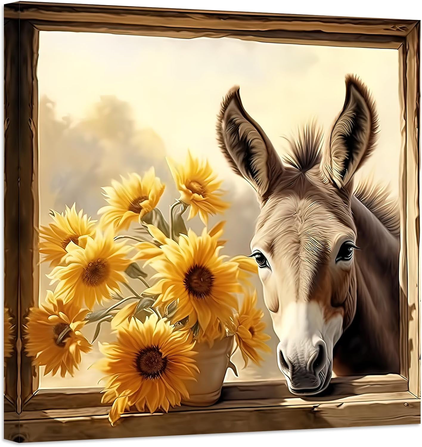 ZHONGYUTONG Funny Donkey Canvas Prints Yellow Sunflower Wall Art Vintage Farm Animal Flowers Poster Pictures for Rustic Farmhouse Bathroom Decor (18.00" x 18.00")