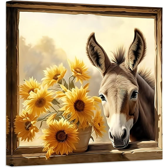 ZHONGYUTONG Funny Donkey Canvas Prints Yellow Sunflower Wall Art Vintage Farm Animal Flowers Poster Pictures for Rustic Farmhouse Bathroom Decor (20.00" x 20.00")