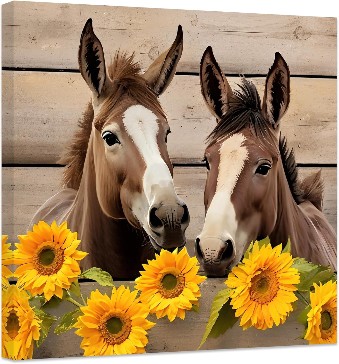 ZHONGYUTONG Funny Donkey Canvas Prints Yellow Sunflower Wall Art Vintage Farm Animal Flowers Poster Pictures for Rustic Farmhouse Bathroom Decor (28.00" x 28.00")