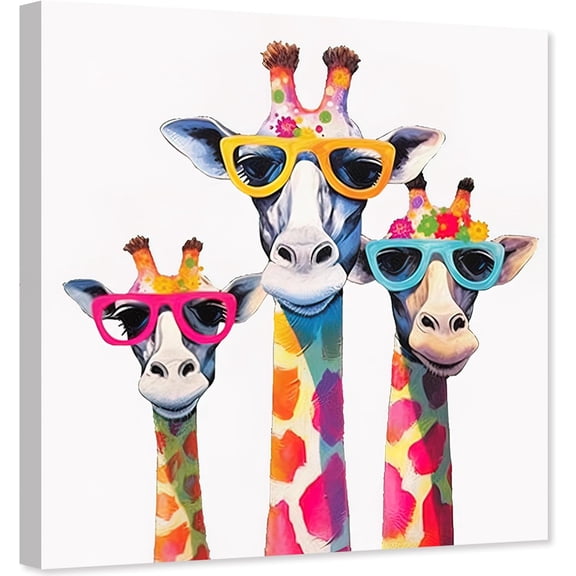 ZHONGYUTONG Funny Giraffe Canvas Wall Art Colorful Giraffe Family Picture Animal with Glasses Painting for Kids Room Decor Framed (12.00" x 12.00")
