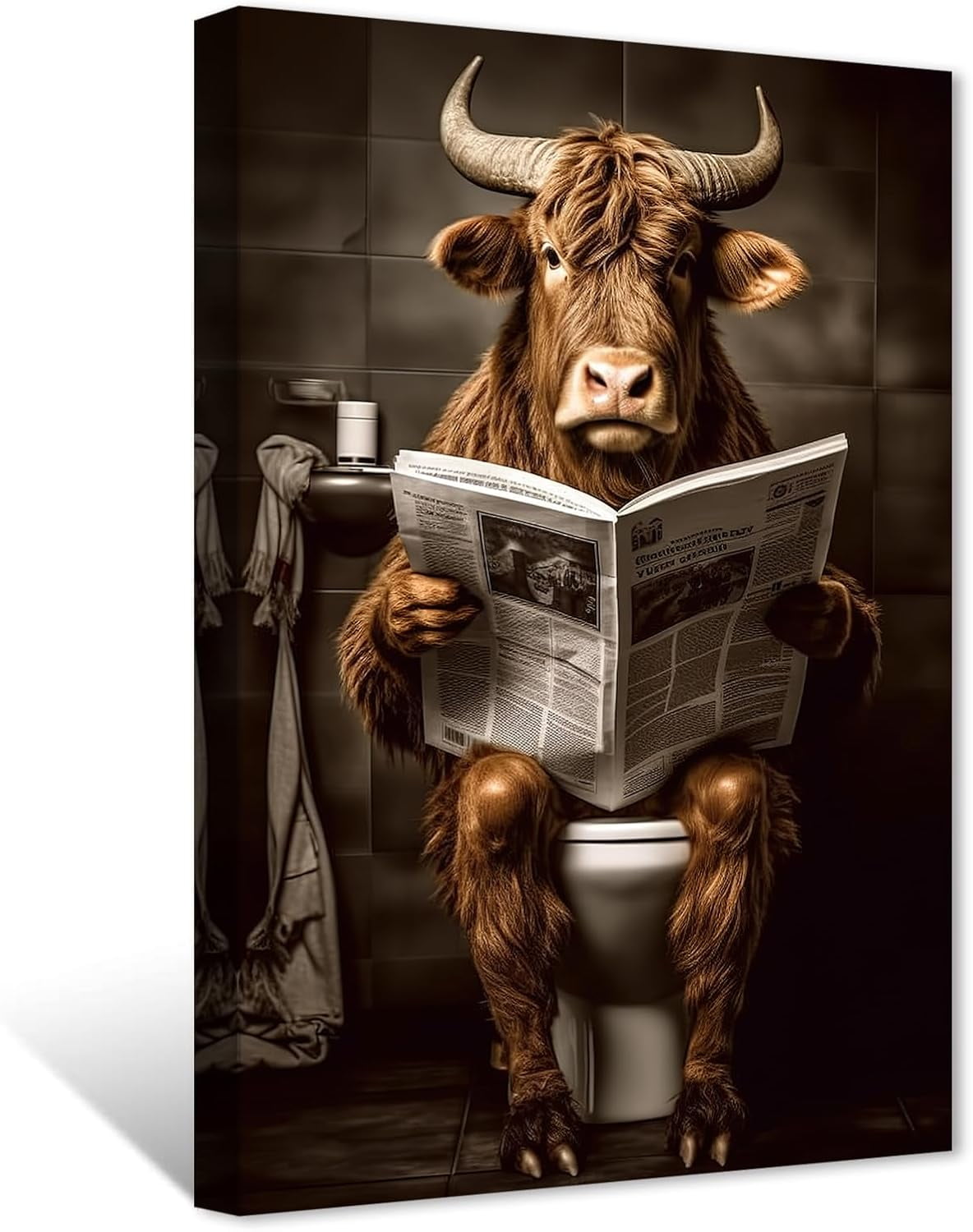 Funny Highland Cow Reading Newspaper Canvas Print for Kids