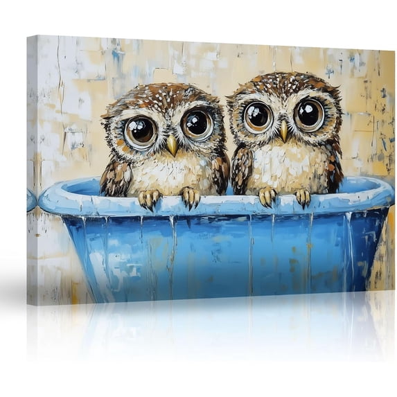 ZHONGYUTONG Funny Owl Bathroom Wall Art Owl in Bathtub Pictures Canvas Cute Animal Painting Prints for Toilet Kids Room Wall Decor Framed (12.00" x 18.00")