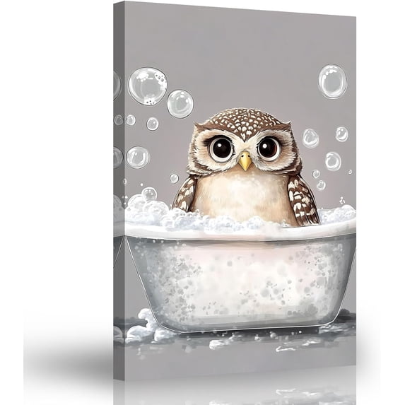 ZHONGYUTONG Funny Owl Bathroom Wall Art Owl in Bathtub Pictures Canvas Cute Animal Painting Prints for Toilet Kids Room Wall Decor Framed (24.00" x 36.00")