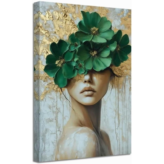 ZHONGYUTONG Gold and Gray Green Floral Wall Decor Abstract Blooming Flowers Picture Prints Abstract Women Canvas Neutral Art Poster Paintings for Girl Bedroom Bathroom (16.00" x 24.00")