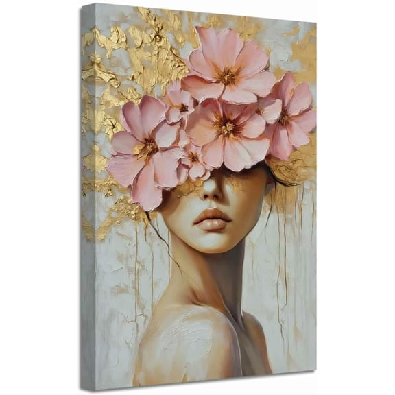 ZHONGYUTONG Gold and Gray Pink Floral Wall Decor Abstract Blooming Flowers Picture Prints Abstract Women Canvas Neutral Art Poster Paintings for Girl Bedroom Bathroom (12.00" x 18.00")