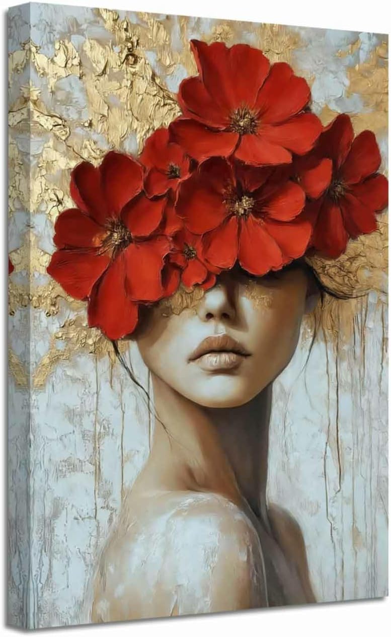 ZHONGYUTONG Gold and Gray Red Floral Wall Decor Abstract Blooming Flowers Picture Prints Abstract Women Canvas Neutral Art Poster Paintings for Girl Bedroom Bathroom (12.00" x 18.00")