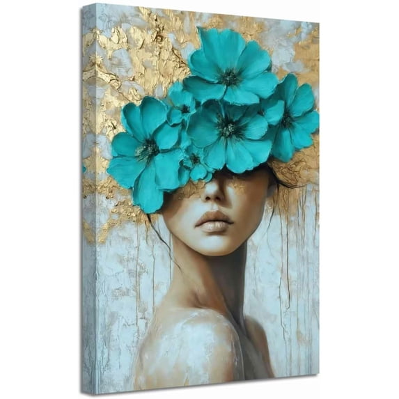 ZHONGYUTONG Gold and Gray Teal Floral Wall Decor Abstract Blooming Flowers Picture Prints Abstract Women Canvas Neutral Art Poster Paintings for Girl Bedroom Bathroom (20.00" x 30.00")