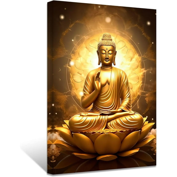 ZHONGYUTONG Golden Buddha Painting Buddha Statue Sitting on Lotus Flower Wall Art Zen Picture Meditation Canvas Artwork Spa Prints for Spiritual Buddhism Prayer Room (12.00" x 18.00")