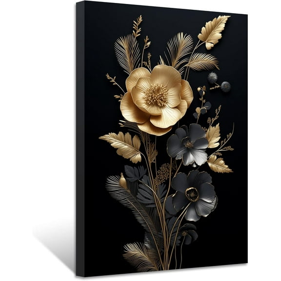 ZHONGYUTONG Golden Flowers Leave Wall Decor Abstract Black Gold Picture Painting Elegant Floral Canvas Prints Modern Artwork for Living Room Framed (12.00" x 18.00")