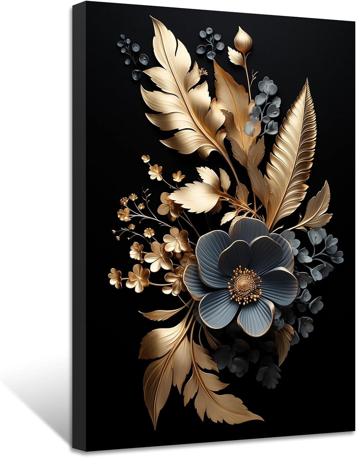 ZHONGYUTONG Golden Flowers Leave Wall Decor Abstract Black Gold Picture ...