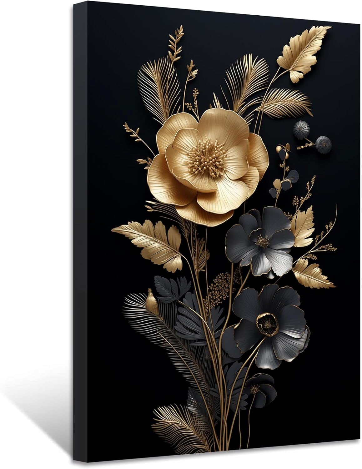 ZHONGYUTONG Golden Flowers Leave Wall Decor Abstract Black Gold Picture ...