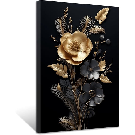 ZHONGYUTONG Golden Flowers Leave Wall Decor Abstract Black Gold Picture Painting Elegant Floral Canvas Prints Modern Artwork for Living Room Framed (16.00" x 24.00")