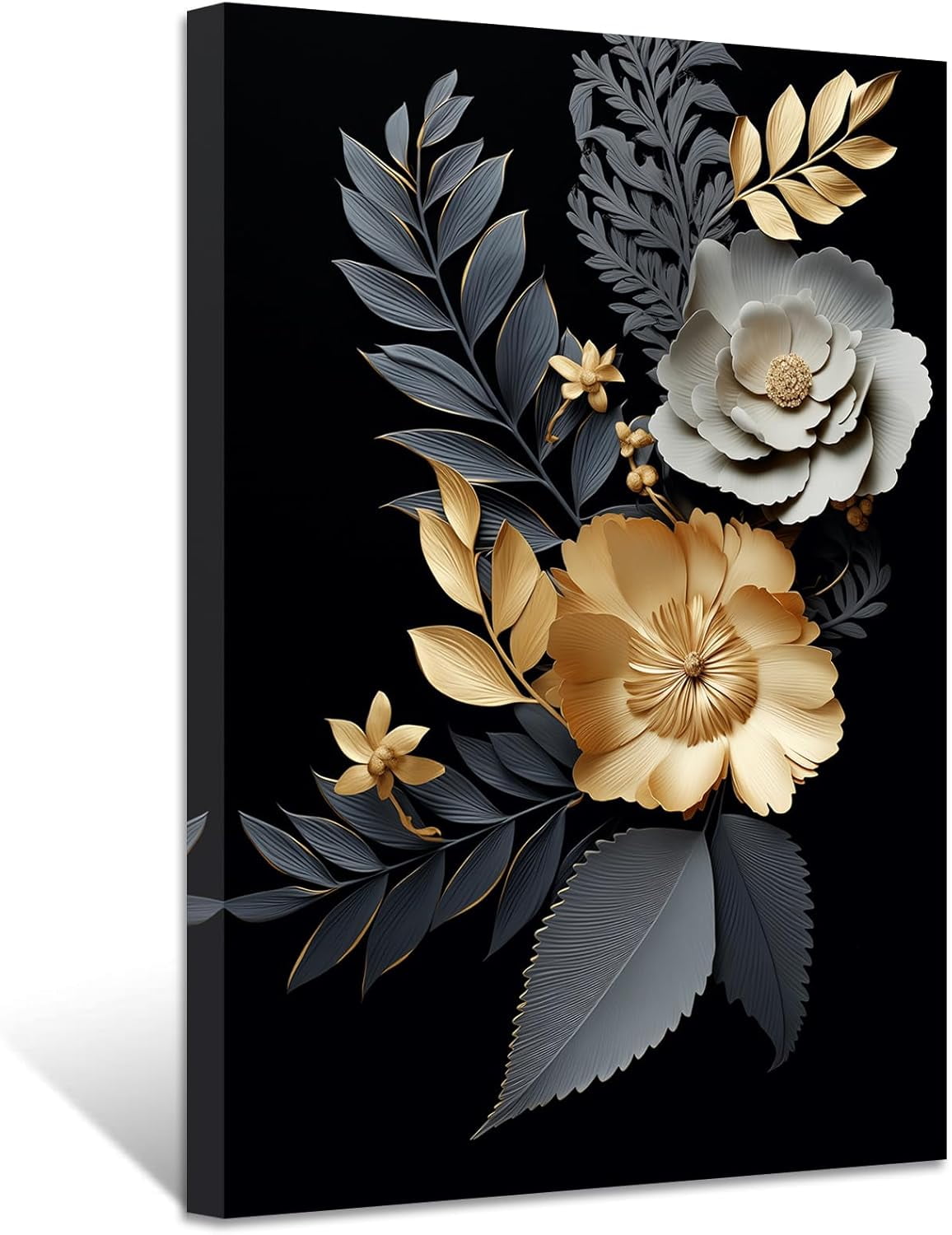 ZHONGYUTONG Golden Flowers Leave Wall Decor Abstract Black Gold Picture ...