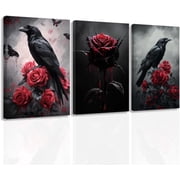 ZHONGYUTONG Gothic Canvas Wall Art Set of 3 Crow and Rose Art Prints Dark Goth Pictures Halloween Black Crow Painting for Bedroom Bathroom Home Decor Framed 11.00" x 14.00" x 3PCS