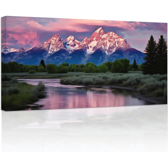 ZHONGYUTONG Grand Teton National Park Canvas Wall Art Mountain Tree Pictures Prints Natural Landscape Paintings Home Decor for Living Room Framed (18.00" x 36.00") Multiple Sizes Available